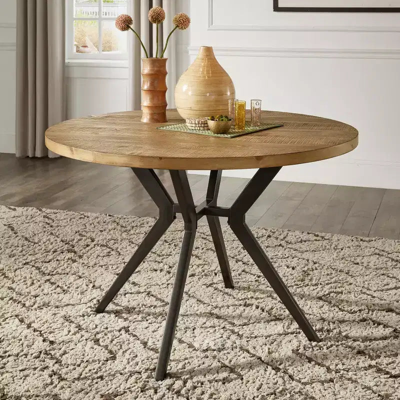 Table à manger ronde 4 personnes Hendrick, plateau en pin clair et base en métal gris acier – iNSPIRE Q