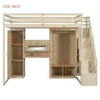 Lit mezzanine Whisen avec escalier de rangement, coiffeuse intégrée avec miroir et tiroir, armoire