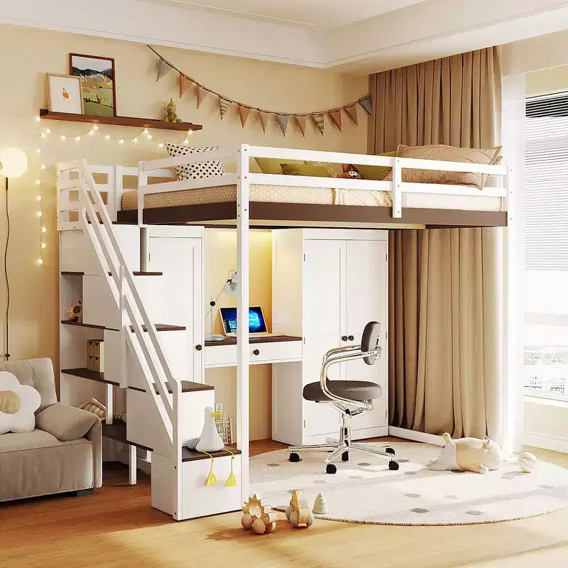 Lit mezzanine Whisen avec escalier de rangement, coiffeuse intégrée avec miroir et tiroir, armoire