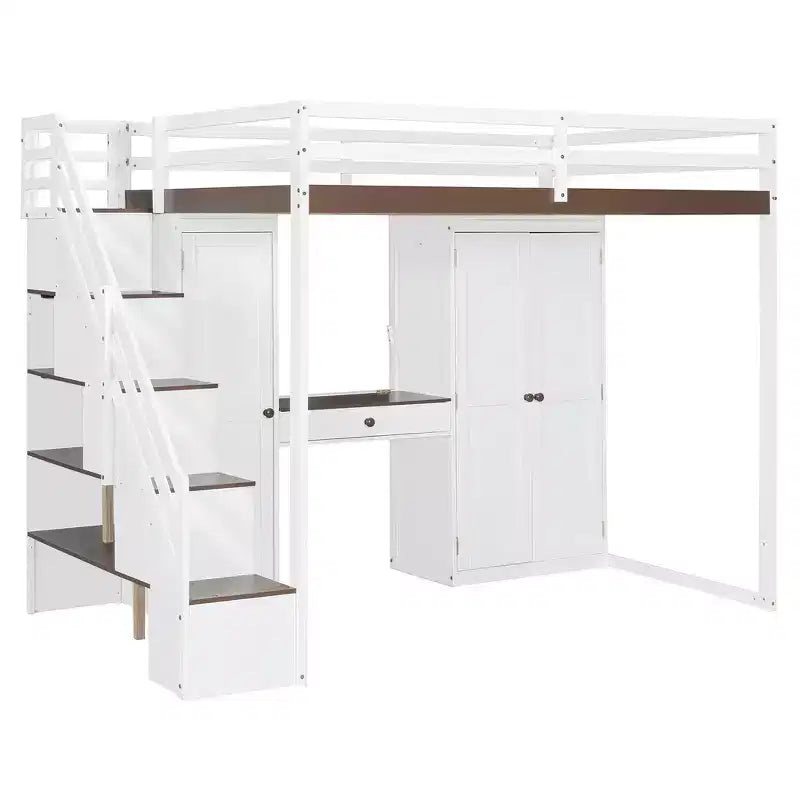 Lit mezzanine Whisen avec escalier de rangement, coiffeuse intégrée avec miroir et tiroir, armoire