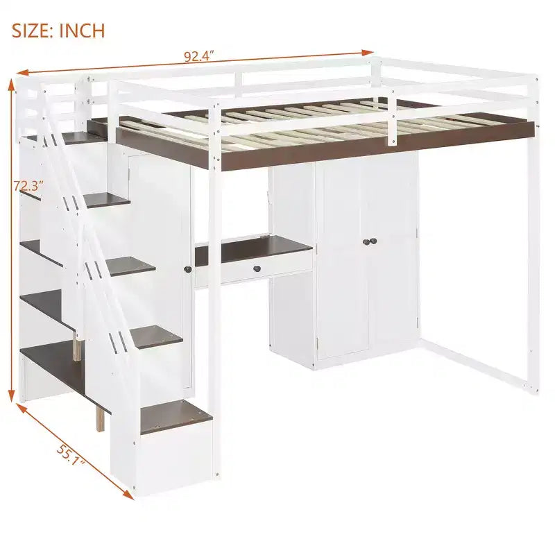 Lit mezzanine Whisen avec escalier de rangement, coiffeuse intégrée avec miroir et tiroir, armoire