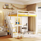 Lit mezzanine Whisen avec escalier de rangement, coiffeuse intégrée avec miroir et tiroir, armoire
