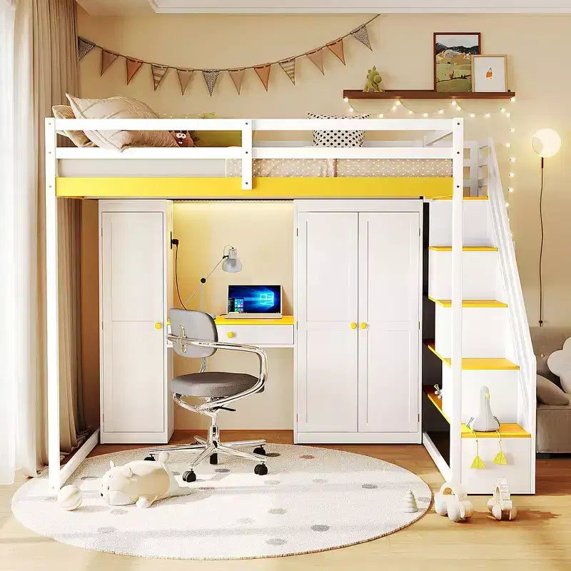 Lit mezzanine Whisen avec escalier de rangement, coiffeuse intégrée avec miroir et tiroir, armoire