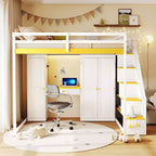 Lit mezzanine Whisen avec escalier de rangement, coiffeuse intégrée avec miroir et tiroir, armoire