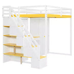 Lit mezzanine Whisen avec escalier de rangement, coiffeuse intégrée avec miroir et tiroir, armoire