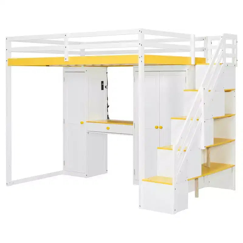 Lit mezzanine Whisen avec escalier de rangement, coiffeuse intégrée avec miroir et tiroir, armoire