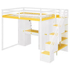 Lit mezzanine Whisen avec escalier de rangement, coiffeuse intégrée avec miroir et tiroir, armoire