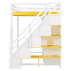 Lit mezzanine Whisen avec escalier de rangement, coiffeuse intégrée avec miroir et tiroir, armoire