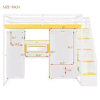 Lit mezzanine Whisen avec escalier de rangement, coiffeuse intégrée avec miroir et tiroir, armoire