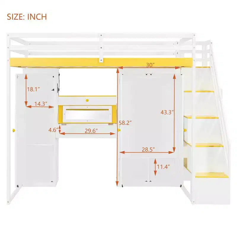Lit mezzanine Whisen avec escalier de rangement, coiffeuse intégrée avec miroir et tiroir, armoire