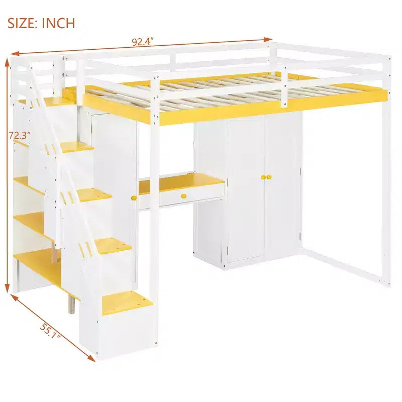 Lit mezzanine Whisen avec escalier de rangement, coiffeuse intégrée avec miroir et tiroir, armoire