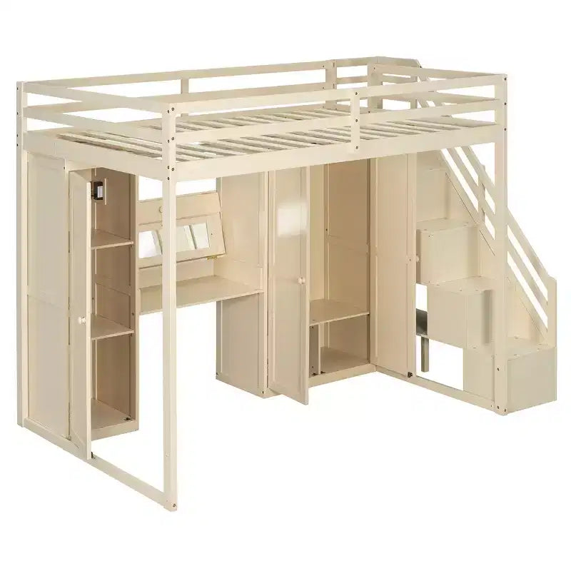 Lit mezzanine Whisen avec escalier de rangement, coiffeuse intégrée avec miroir et tiroir, armoire