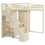 Lit mezzanine Whisen avec escalier de rangement, coiffeuse intégrée avec miroir et tiroir, armoire