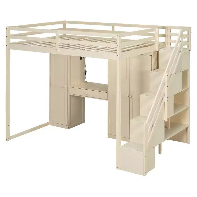 Lit mezzanine Whisen avec escalier de rangement, coiffeuse intégrée avec miroir et tiroir, armoire