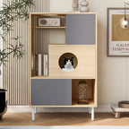 JVNOXK 2-in-1 Modern Cat Tree & Side Cabinet, Wooden Bookshelf with Cat Litter Box Enclosure, Cat Climbing Frame with Hidden Storage Space