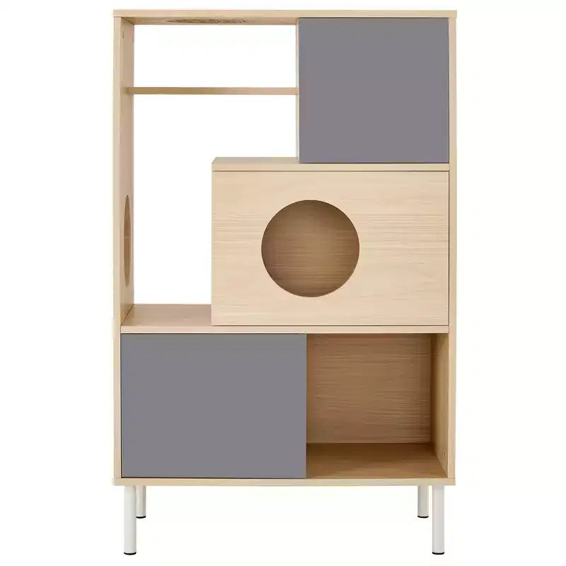 JVNOXK Arbre à chat et meuble d'appoint moderne 2 en 1, étagère en bois avec enclos pour litière, cadre d'escalade pour chat avec espace de rangement caché