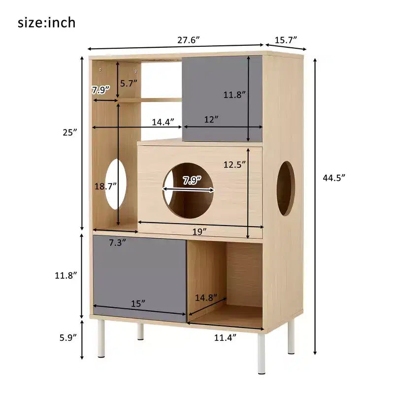 JVNOXK Arbre à chat et meuble d'appoint moderne 2 en 1, étagère en bois avec enclos pour litière, cadre d'escalade pour chat avec espace de rangement caché
