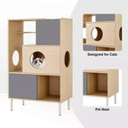 JVNOXK Arbre à chat et meuble d'appoint moderne 2 en 1, étagère en bois avec enclos pour litière, cadre d'escalade pour chat avec espace de rangement caché