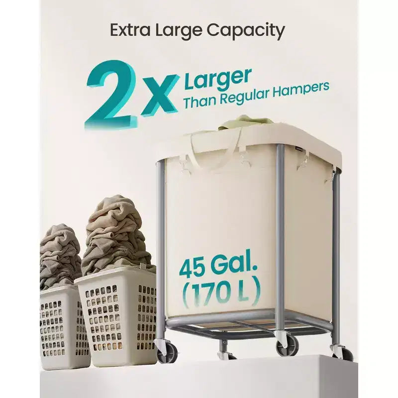 SONGMICS Panier à linge 170 L avec roues, cadre en acier et sac amovible, 2 roulettes verrouillables, blanc crème et argent métallique