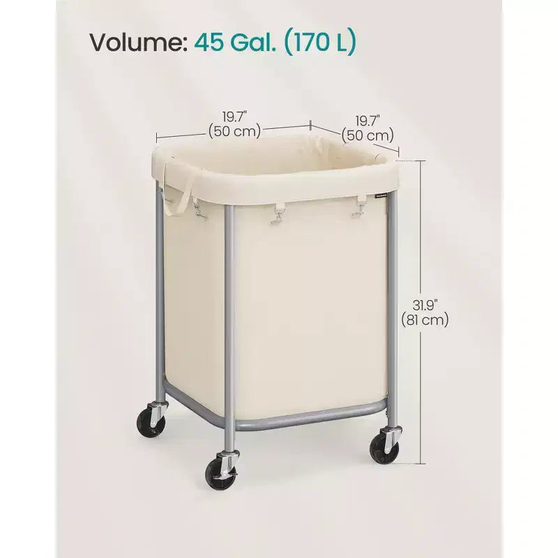 SONGMICS Panier à linge 170 L avec roues, cadre en acier et sac amovible, 2 roulettes verrouillables, blanc crème et argent métallique