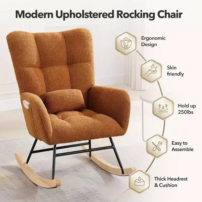 Fauteuil à bascule de chambre d'enfant Teddy, fauteuil à bascule pivotant rembourré avec dossier haut et siège rembourré pour le salon