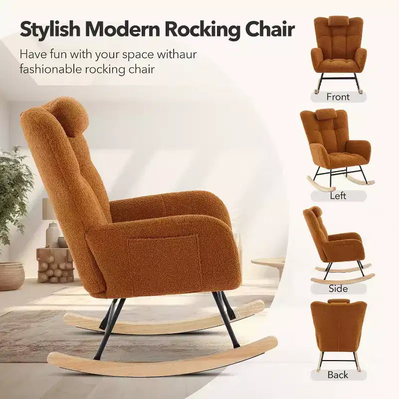 Fauteuil à bascule de chambre d'enfant Teddy, fauteuil à bascule pivotant rembourré avec dossier haut et siège rembourré pour le salon