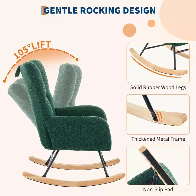Fauteuil à bascule de chambre d'enfant Teddy, fauteuil à bascule pivotant rembourré avec dossier haut et siège rembourré pour le salon