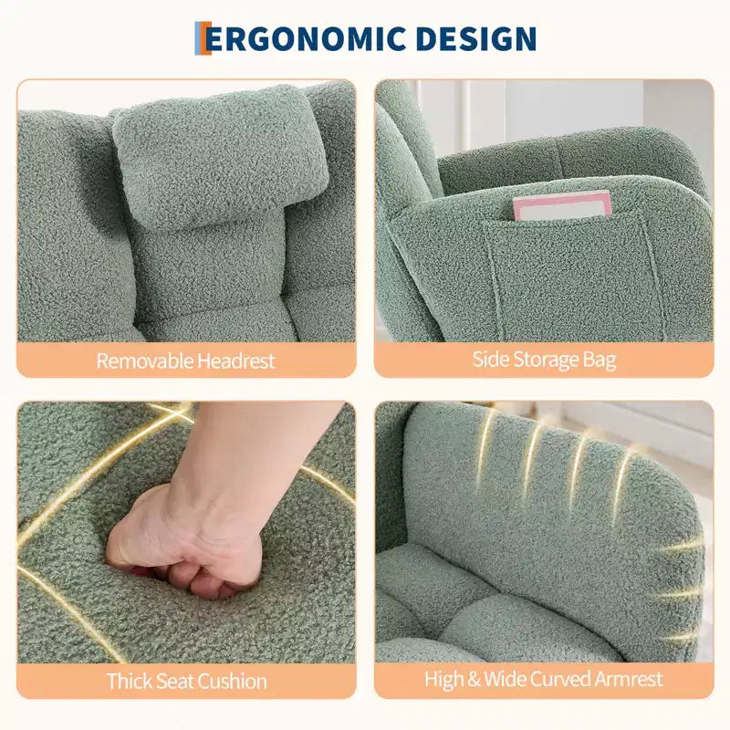 Fauteuil à bascule de chambre d'enfant Teddy, fauteuil à bascule pivotant rembourré avec dossier haut et siège rembourré pour le salon