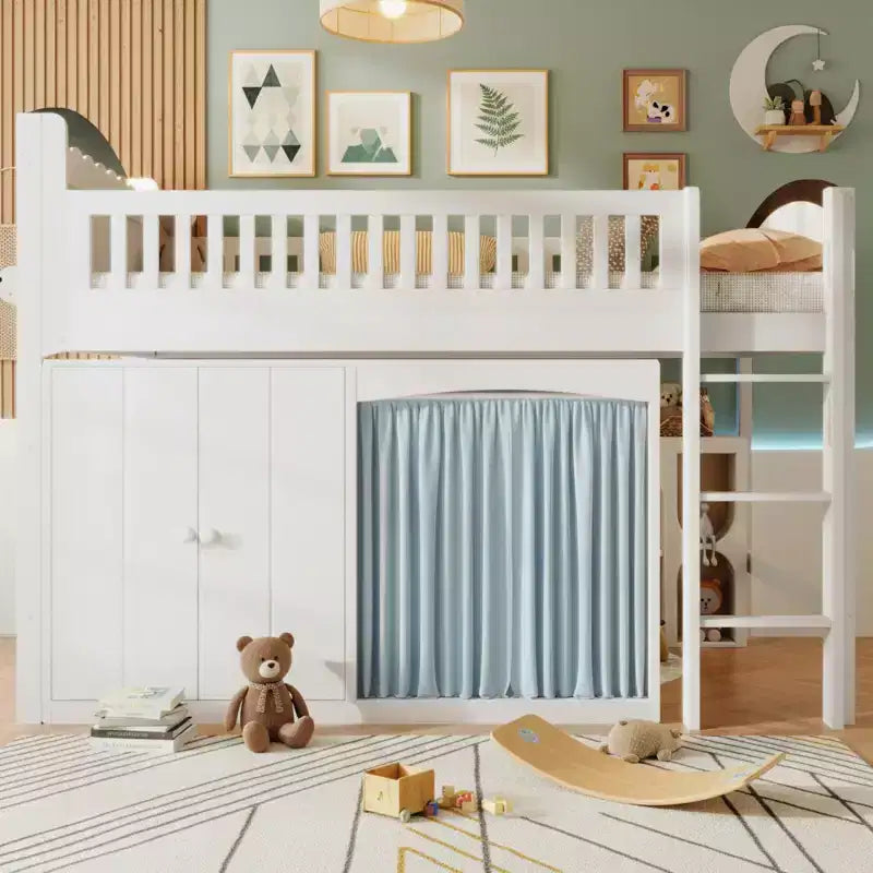 Lit mezzanine Polibi pleine/double avec tête de lit LED, armoire et meuble de rangement à double porte