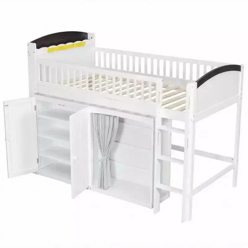 Lit mezzanine Polibi pleine/double avec tête de lit LED, armoire et meuble de rangement à double porte