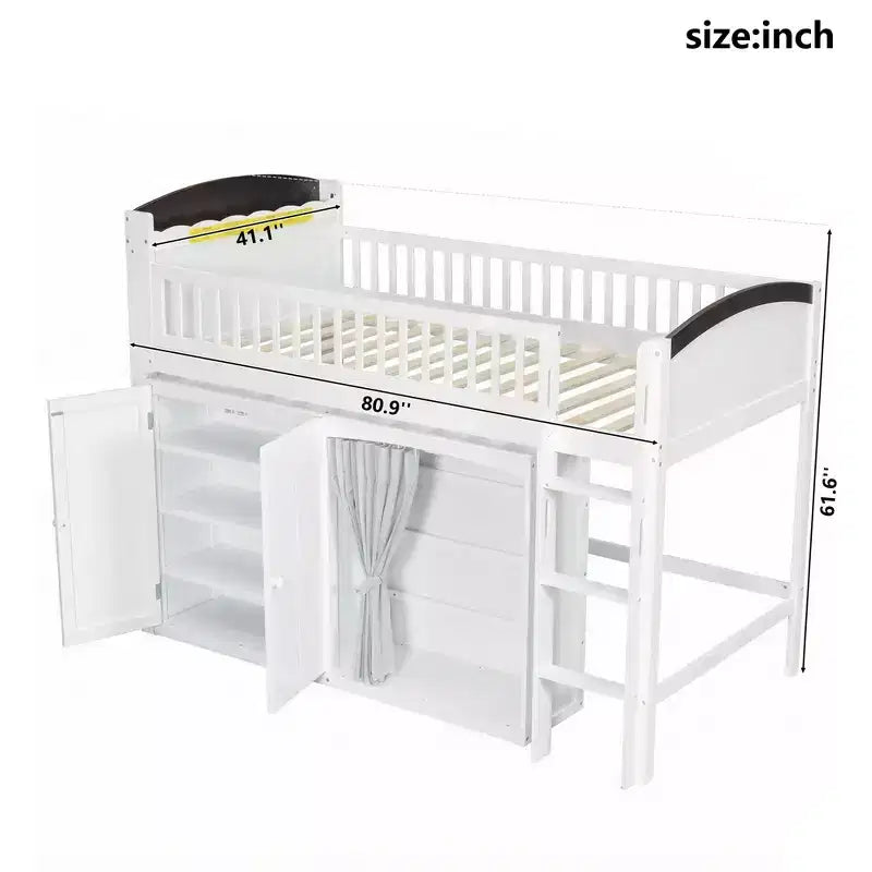 Lit mezzanine Polibi pleine/double avec tête de lit LED, armoire et meuble de rangement à double porte