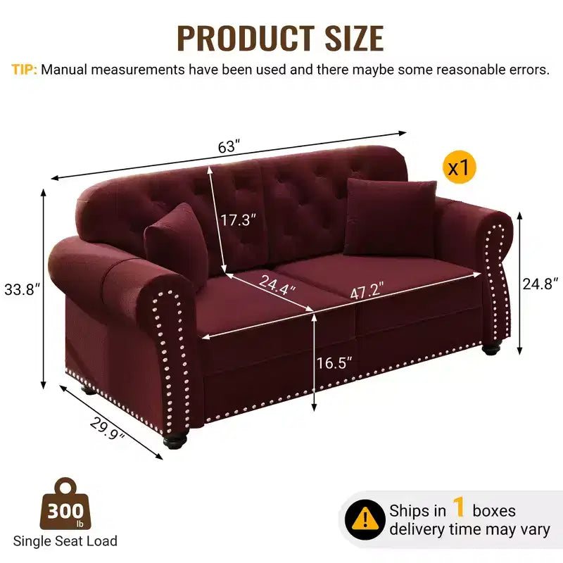 Causeuse Eloise 63 de GDFStudio en velours capitonné style Chesterfield avec garniture cloutée et accoudoirs roulés