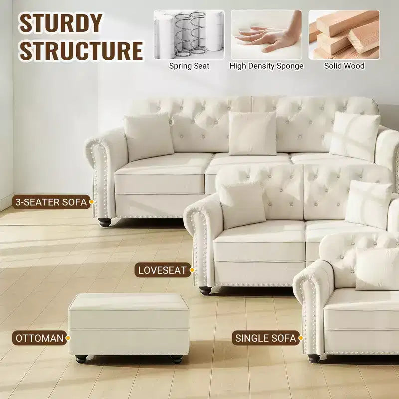 Causeuse Eloise 63 de GDFStudio en velours capitonné style Chesterfield avec garniture cloutée et accoudoirs roulés