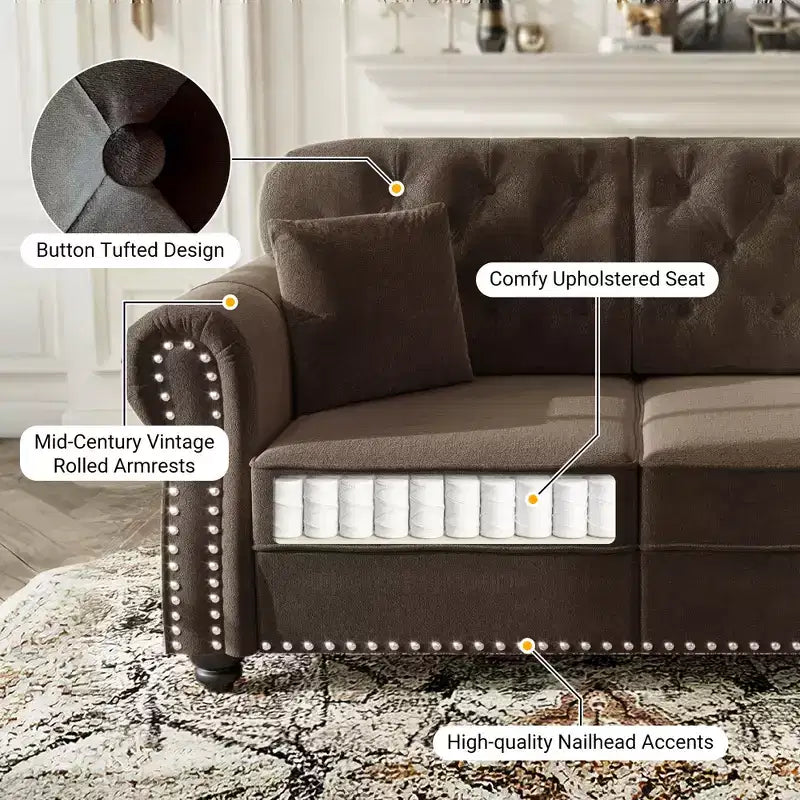 Causeuse Eloise 63 de GDFStudio en velours capitonné style Chesterfield avec garniture cloutée et accoudoirs roulés