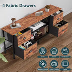 Meuble TV marron Qwatto 140 cm pour TV jusqu'à 152 cm, avec 4 tiroirs, console média, centre de divertissement, étagères ouvertes, rangement pour chambre et salon