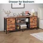 Meuble TV marron Qwatto 140 cm pour TV jusqu'à 152 cm, avec 4 tiroirs, console média, centre de divertissement, étagères ouvertes, rangement pour chambre et salon