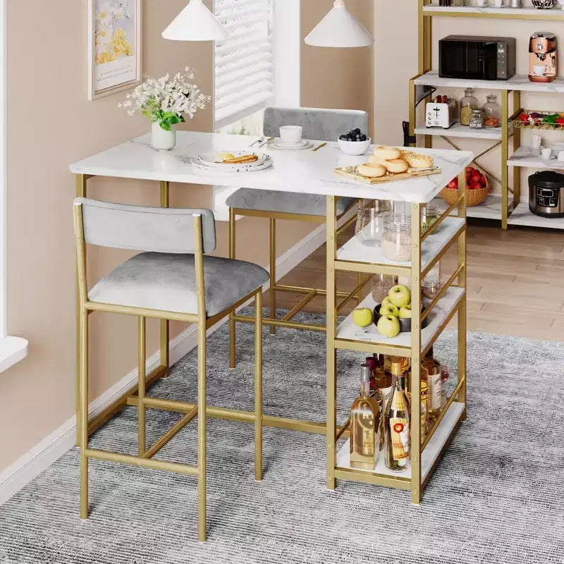 Ensemble table et chaises de bar pour petit espace avec structure en bois, design peu encombrant, fabrication durable, pour appartements et cuisines