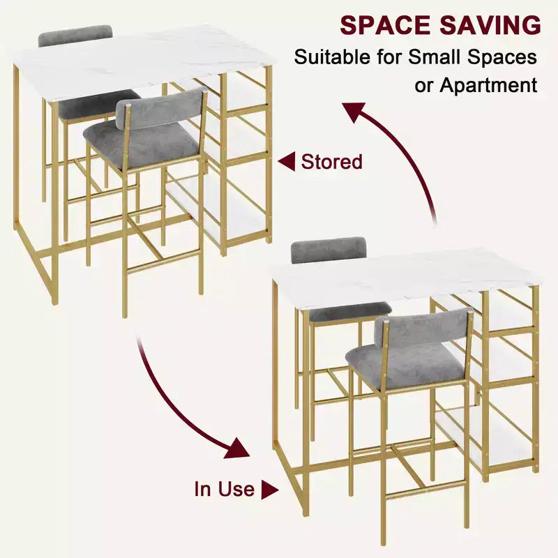 Ensemble table et chaises de bar pour petit espace avec structure en bois, design peu encombrant, fabrication durable, pour appartements et cuisines