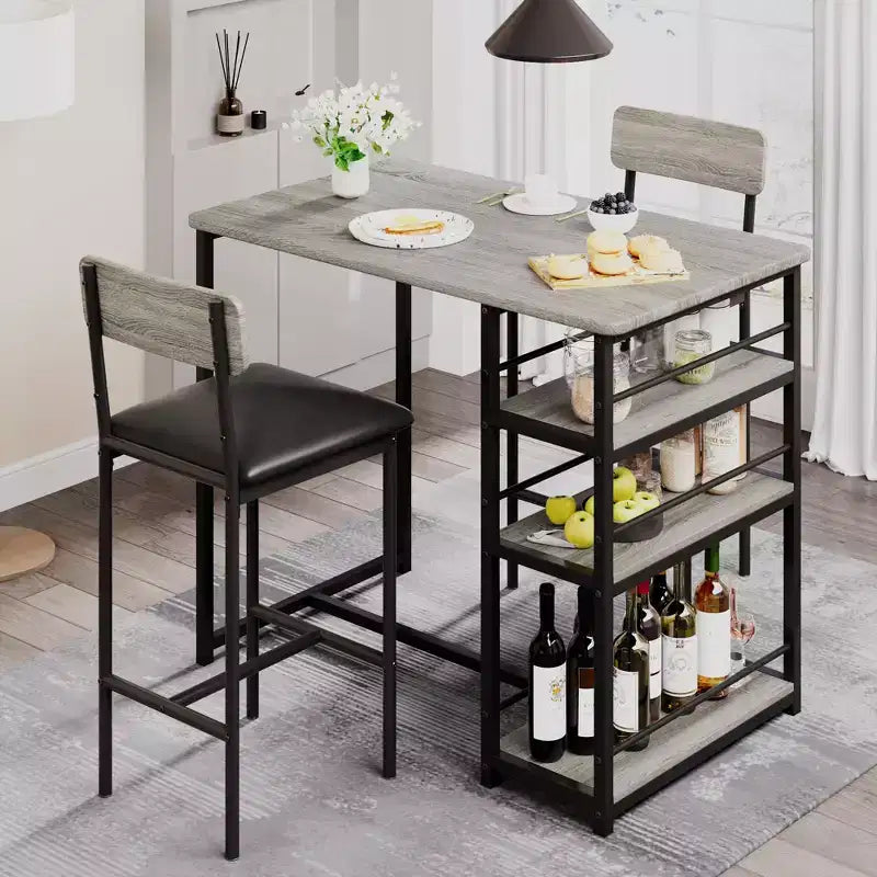Ensemble table et chaises de bar pour petit espace avec structure en bois, design peu encombrant, fabrication durable, pour appartements et cuisines