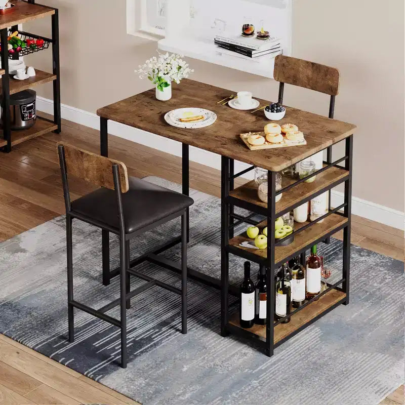 Ensemble table et chaises de bar pour petit espace avec structure en bois, design peu encombrant, fabrication durable, pour appartements et cuisines