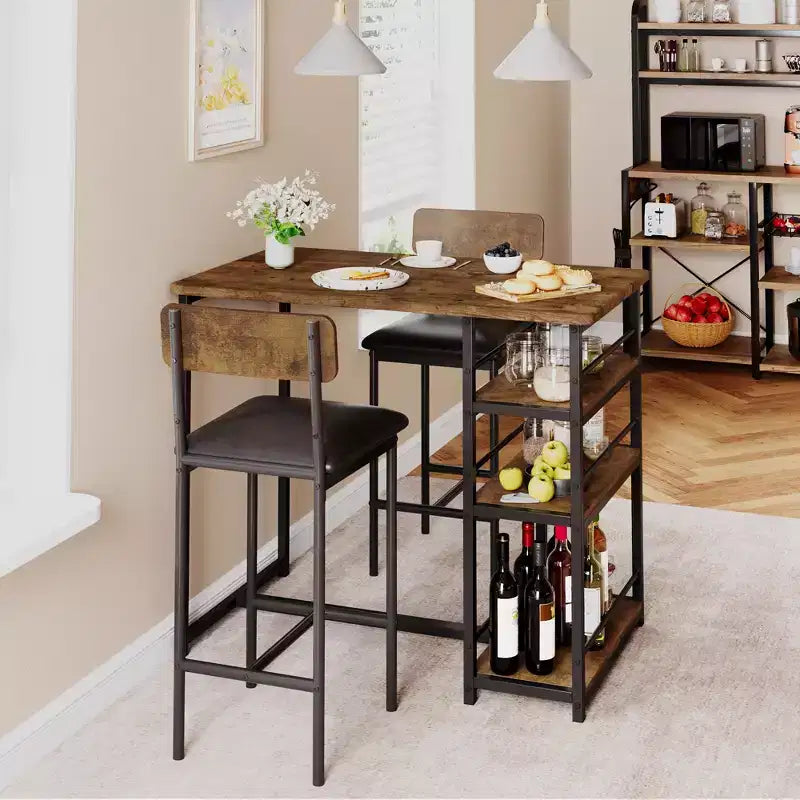 Ensemble table et chaises de bar pour petit espace avec structure en bois, design peu encombrant, fabrication durable, pour appartements et cuisines