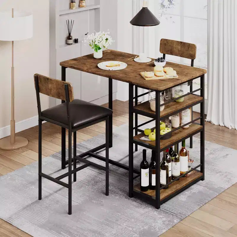 Ensemble table et chaises de bar pour petit espace avec structure en bois, design peu encombrant, fabrication durable, pour appartements et cuisines