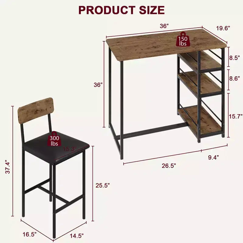 Ensemble table et chaises de bar pour petit espace avec structure en bois, design peu encombrant, fabrication durable, pour appartements et cuisines