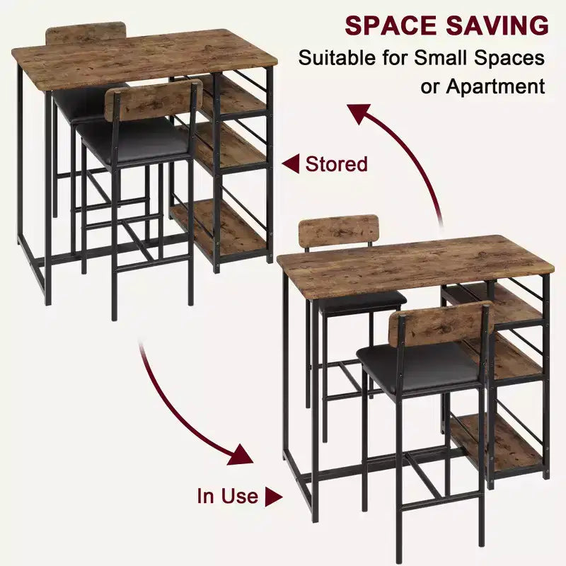 Ensemble table et chaises de bar pour petit espace avec structure en bois, design peu encombrant, fabrication durable, pour appartements et cuisines