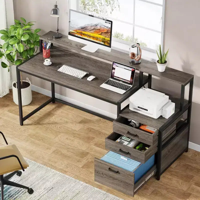 Lantine Bureau d'ordinateur industriel de 160 cm avec tiroir de classement, support d'écran, espace imprimante, poste de travail ergonomique pour bureau à domicile.