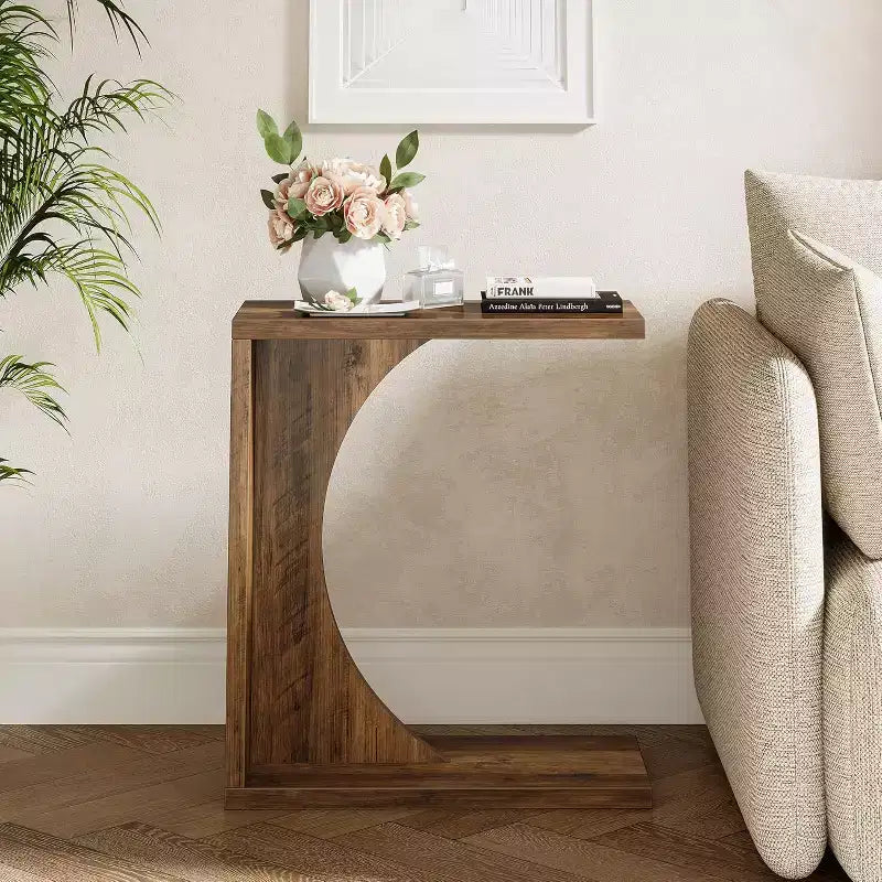 Table d'appoint en C Lantine pour canapé, petite table de chevet pour canapé, table de nuit en bois pour salon, chambre, bureau d'ordinateur portable (1, marron rustique)