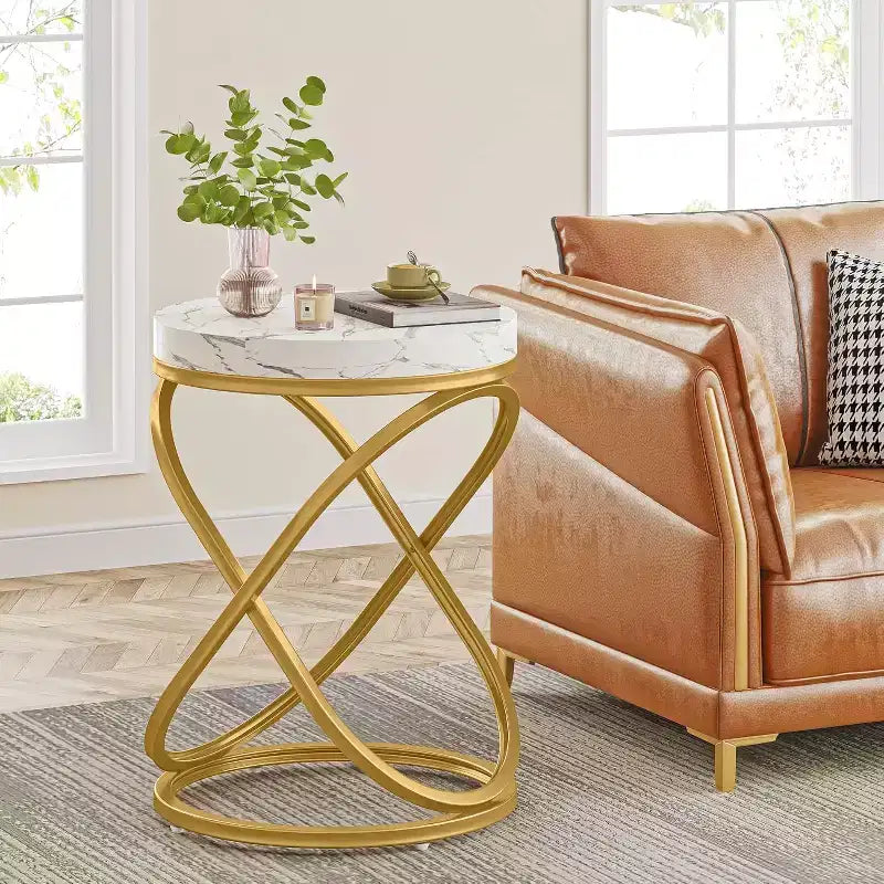 Lantine 26-Inch Round End Table with Engineered Wood Top and Double X-Shaped Metal Legs, Faux Marble Veneer Side Table for Living Room, Bedroom