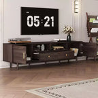 Meuble TV moderne GDFStudio Arjun 76 en bois avec tiroirs et armoire de rangement en rotin