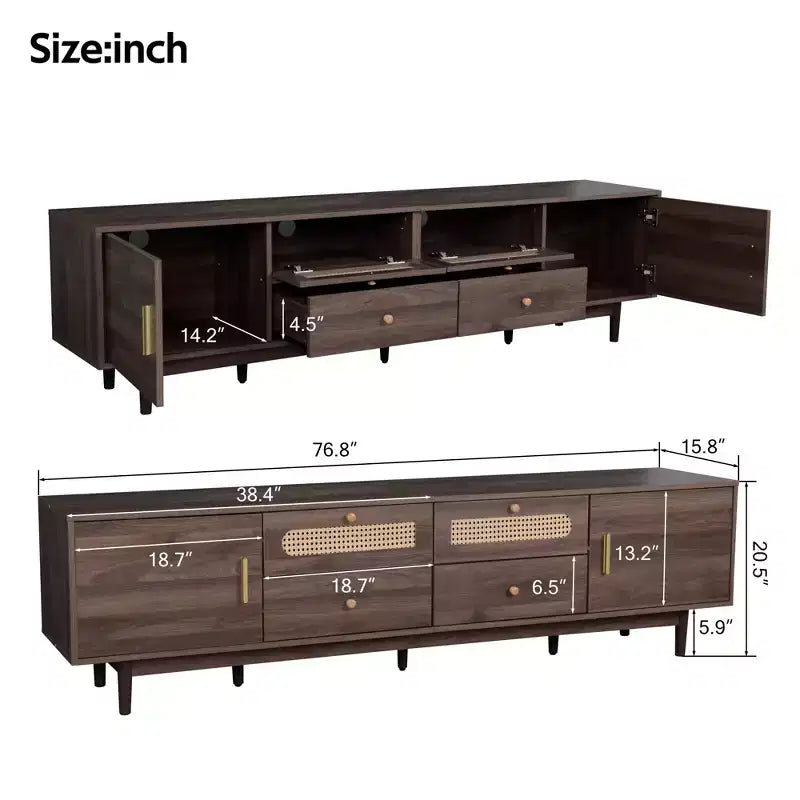 Meuble TV moderne GDFStudio Arjun 76 en bois avec tiroirs et armoire de rangement en rotin