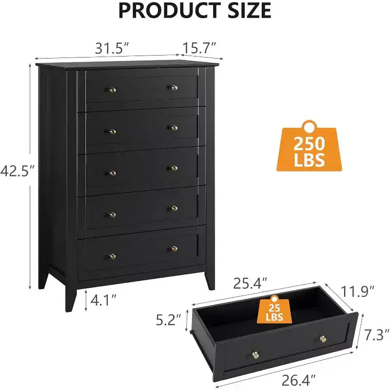 Commode haute noire moderne à 5 tiroirs en bois pour chambre, salon, couloir, entrée et placard